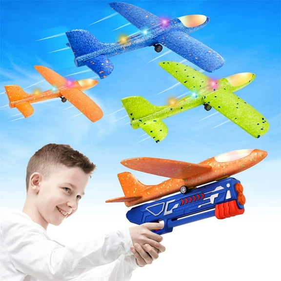 3 Pack Foam Catapult Airplane Toy with LED Lights Xmas Gifts for 3-12 Years Old Kids,Green,Orange,Blue