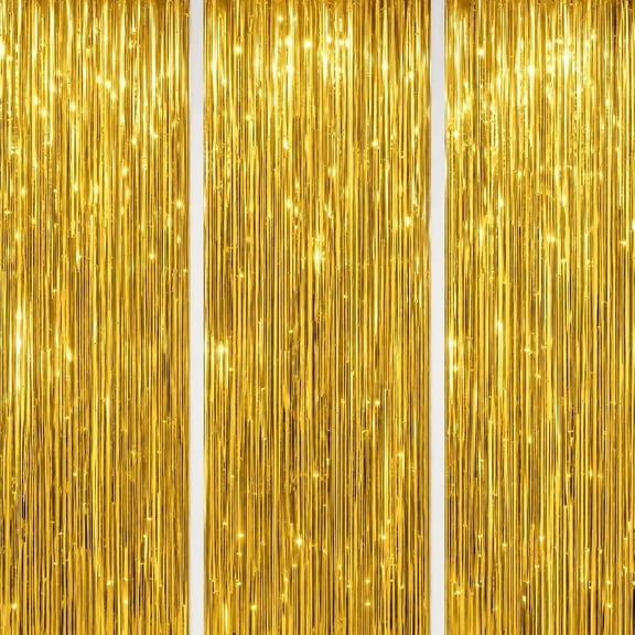 3 Pack Foil Fringe Backdrop - Gold Shiny Tinsel Curtains for Party Decoration/Photo Booth Props - 3.3x8.2 FT Metallic Foil Backdrop for Birthday, Wedding, Graduation, Christmas.