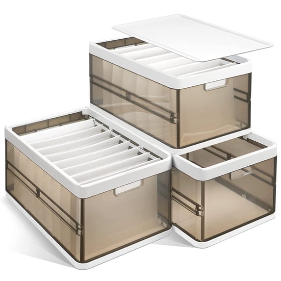 3 Pack Foldable Storage Bin with Lid Stackable Plastic Closet Organizer ...