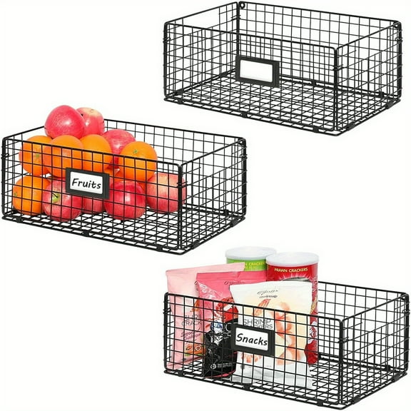 3-Pack Foldable Wire Basket Organizers - 16"x9.5"x6" Mesh Storage Bins with Handles & Wall Mount, Labeling Nameplates for Kitchen, Bathroom, Laundry & Closet Organization