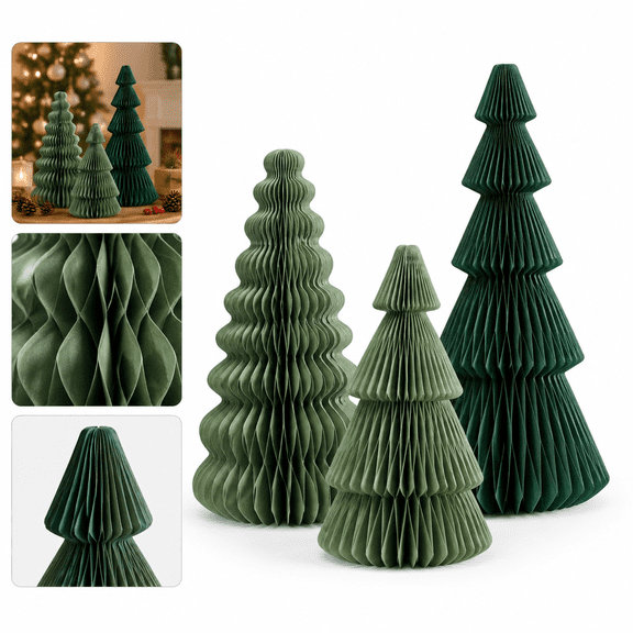 3 Pack Folded Paper Christmas Tree Decorations, Green Tabletop Tree Fold Decor for Holiday Shelf and Mantel