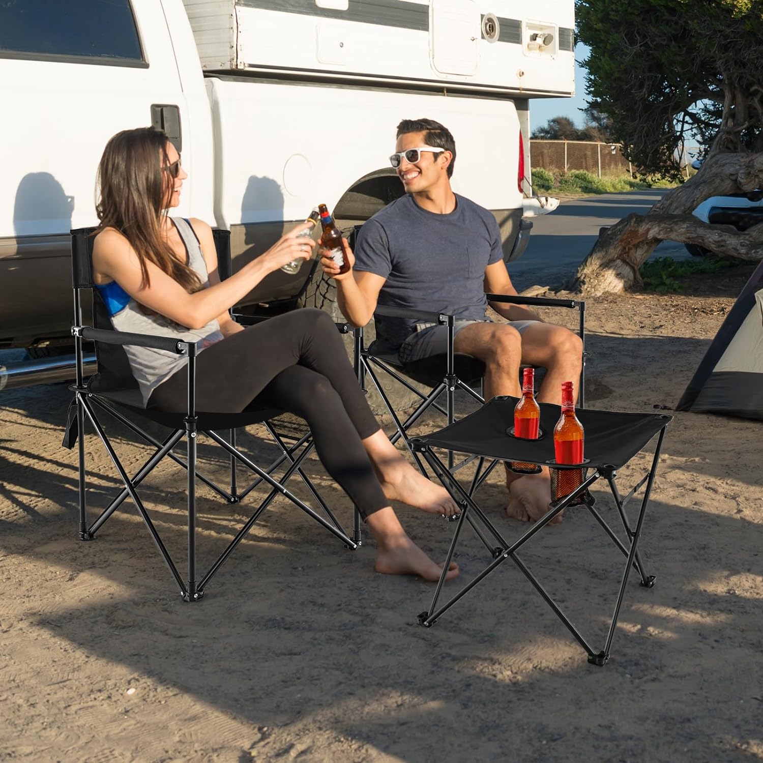 3-Pack Folding Camping Chair with Table - 400 lbs Capacity, 2 Cup Holders, Storage Pockets, Carrying Bag