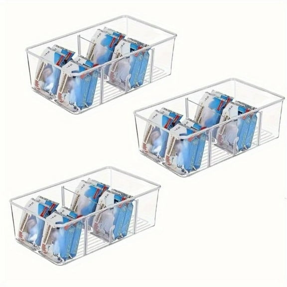 3 Pack Food Storage Organizer Bins, Clear Plastic Bins for Pantry, Kitchen, Fridge, Cabinet Organization and Storage, 4 Compartment Holder Packets, Snacks