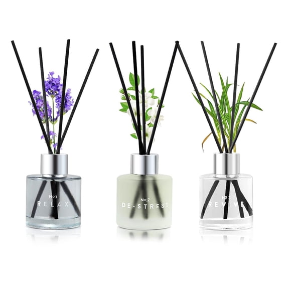 3 Pack Fragrance Reed XEF1Diffuser, 50ML Lavender Jasmine Lemongrass Aromatherapy Diffuser Set with 12 Black Fiber Sticks,Air Freshener for Bedroom Bathroom Office, 8.2X 6.6X 2.1 inch