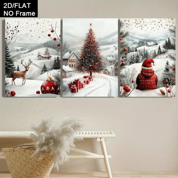 3-Pack Frameless Canvas Paintings, Animal Deer Christmas Tree and Gift Paintings, Christmas Gifts, Indoor Home Wall Decor Art, Holiday Room Decoration, Present Christmas Tree Paintings