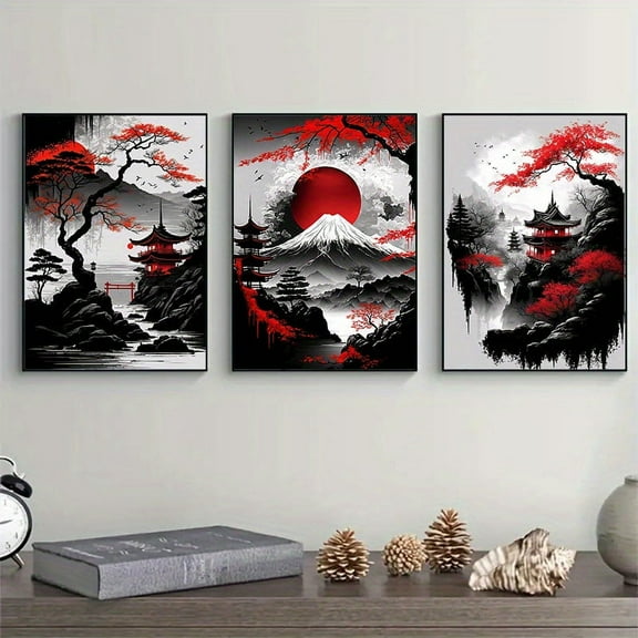 3-Pack Frameless Japanese Style Natural Landscape Canvas Painting Black and Red Retro Ink Art Wall Art Prints Living Room Bedroom Home Decoration Frameless