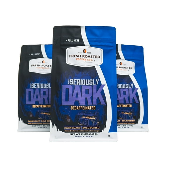 3 Pack Fresh Roasted Coffee, Seriously Dark Decaf, Kosher, Drip Ground, 12 oz