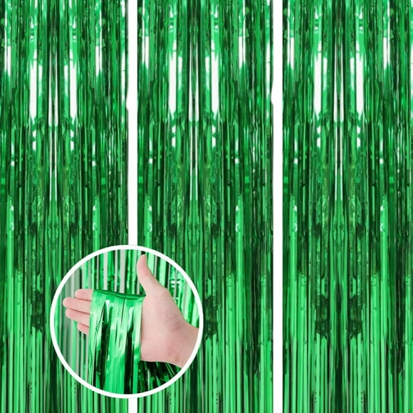 3 Pack Fringe Curtains Backdrops, Green Foil Fringe Curtains, Door Streamers for Birthday Wedding Bridal Shower Holiday Graduation Party Decorations, Photo Booth Backdrops,3.3 ft x 9.9 ft