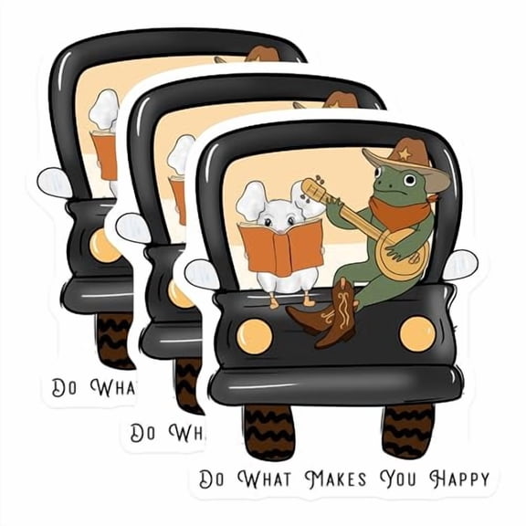 (3 Pack) Frog Banjo Mouse Book Decals - Cute Animal Laptop - Do What Makes You Happy Art- 3 Inches On Longest Side - Easy Peel & Apply - Made in USA - 3MCS5434