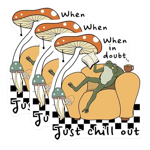 (3 Pack) Frog Reading Decals - Chill Frog - Mushroom Decor - 3 Inches On Longest Side - Easy Peel & Apply - Made in USA - 3MCS4705