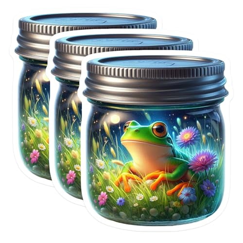 (3 Pack) Frog in Jar Decals - Floral Laptop Stickers - Cute Froggy Decal Set - 3 Inches On Longest Side - Easy Peel & Apply - Made in USA - 3MCS8148