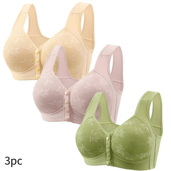 3 Pack Front Snap Bras for Senior Women New Bras for Seniors, Front Snap Closure Bras, Older Women Wide Strap Wireless Full Coverage Lace Push up Padded Bras R-9 Beige 6XL