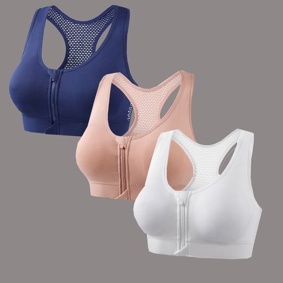 3 Pack Front Zip Workout Bra, Womens Mesh Racerback Breathable Activewear Sports Brassiere Blue Ladies Underwire Athletic Bra L