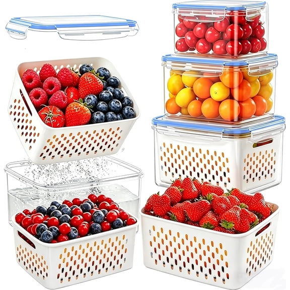 3 Pack Fruit Storage Containers for Fridge with Removable Colander - Airtight Produce Storage Containers with ,  Berry Keeper for Vegetables, Lettuce & Meal Prep (29oz+59oz+112oz)