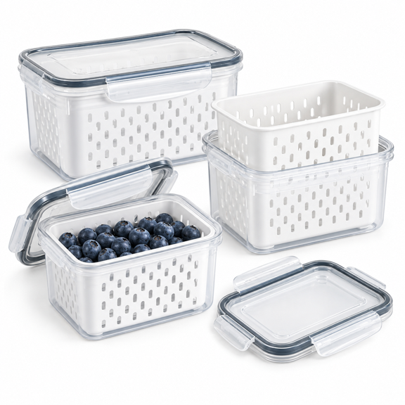 Fruit Storage Containers for Fridge, 3-Pack with Removable Colander Baskets, Stackable Fruit and Vegetable Containers with Locking Lids, 850/1750/3300 mL