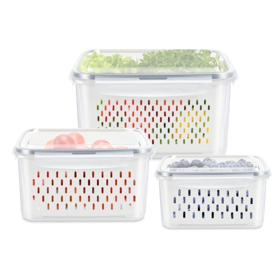 TBMAXS 3 Pack Fruit Storage Containers for Fridge, Produce Saver Vegetable Container with Drain Colanders - Refrigerator Organizer for Lettuce Berry Keepers