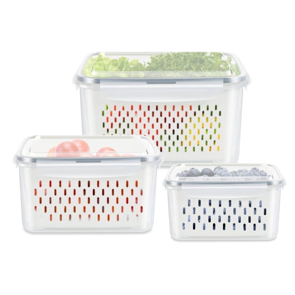 3 Pack Fruit Storcontainers For Fridge  Produce Saver Vegetable Container With Drain Colanders - Refrigerator Organizer Lettuce Berry Keepers