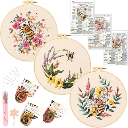 3 Pack Full Range Embroidery Starter Kit, Stamped Cross Stitch Kit for Beginner Adults with Bee Flower Design, Handmade Needlepoint Embroidery Set with Hoop, Instruction, Needle and Threads