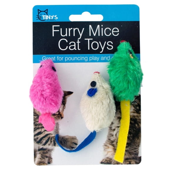 3 Pack Furry Mouse Cat Toy Set with Soft Faux Fur and Felt Tails, Lightweight Interactive Chase and Pounce Toys for Indoor Cats and Kittens, Multicolors