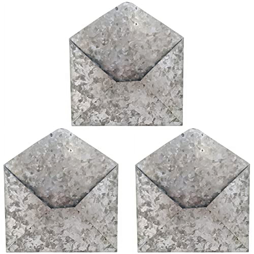 3 Pack Galvanized Metal Hanging Envelope Shaped Mail Holder Wall File - Rustic Country Functional Decoration for Home & Office, Holds Papers, Letters, Brochures (9.75" x 10.75") Silver