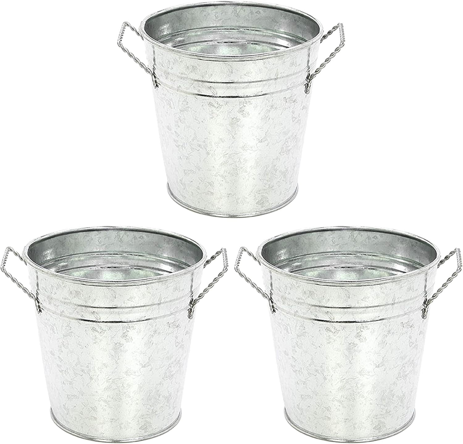 3 Pack of Galvanized Planters 5" Dia x 4.5" H Durable Metal Plant Pots for Floral Arrangements Indoor and Outdoor Gardening with Vintage-Inspired Charm Rustic