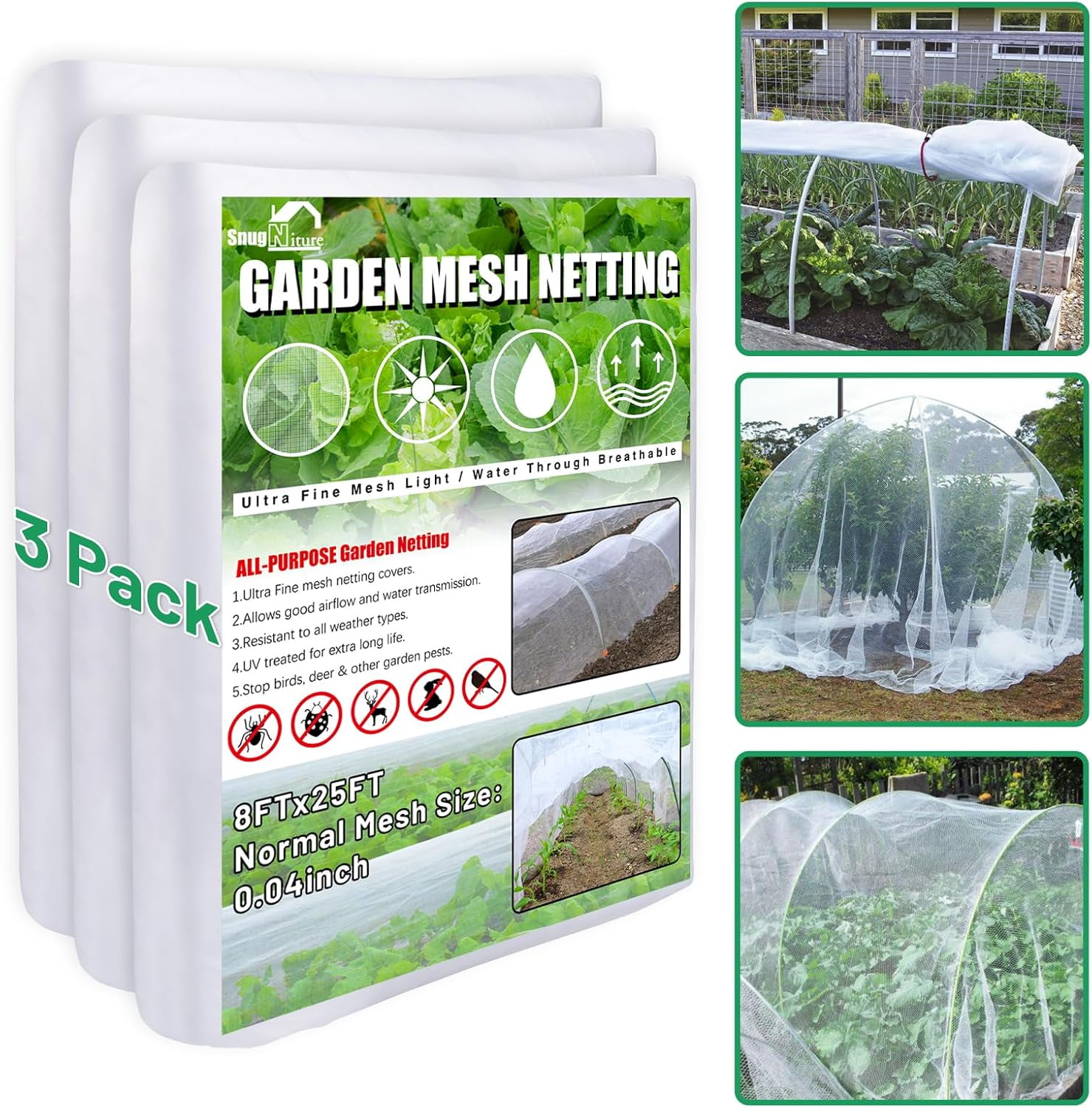 3 Pack Garden Netting 8x25FT Ultra Fine Mesh Mosquito Netting Plant Covers, White Bird Netting Barrier Greenhouse Row Cover Protect Fruits Flower Vegetables from Birds Deer & Squirrels