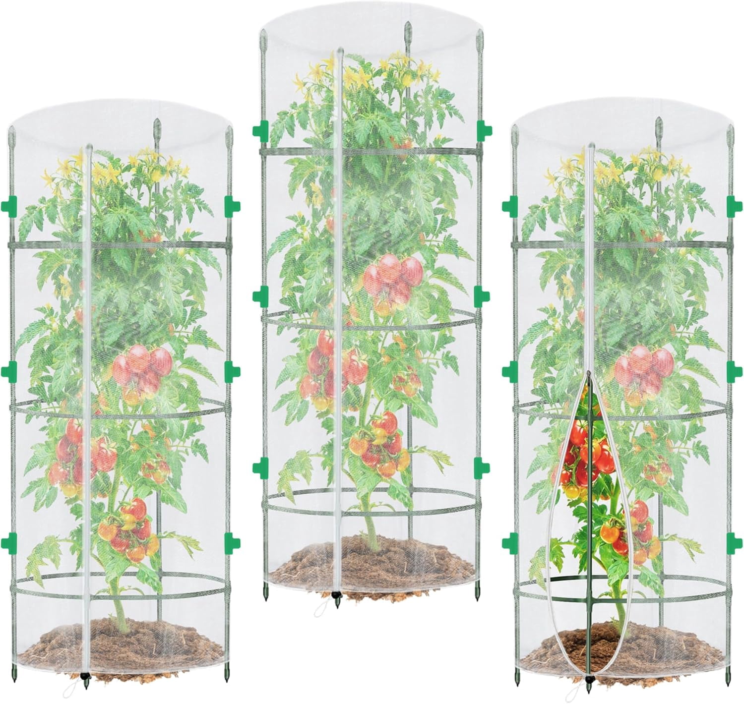 3 Pack Garden Netting for Round Plant Cage, 55" x 15" Tomato Cage Bird Netting Mesh Plant Cover with Zipper, Tomato Trellis Pest Barrier Garden Protection Net Cover for Climbing Plants Vegetables