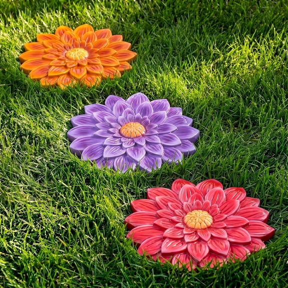 3 Pack Garden Stepping Stone Outdoor, Decorative Dimensional Resin Stepping Stones for Patio Pathway Landscaping Walkway Sculpture Yard Backyard Lawn(Dahlia,10 Inches)