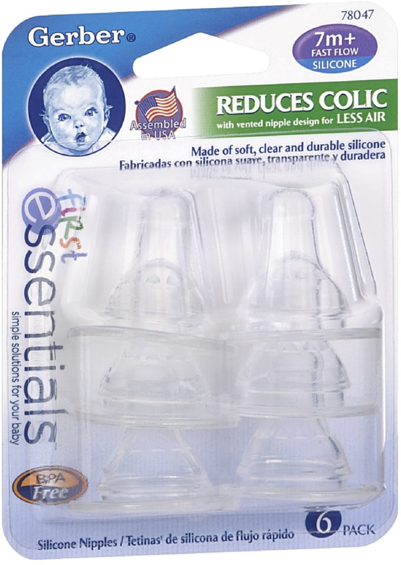 3 Pack - Gerber First Essentials BPA Free Fast Flow Silicone Nipples 6 ...