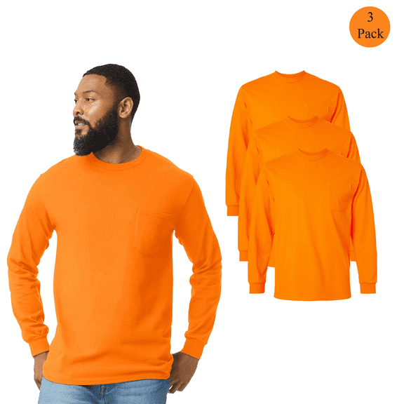 3 Pack Gildan High Visibility Safety Orange T-Shirt, Men's Long Sleeve Pocket Workwear Tee, XL