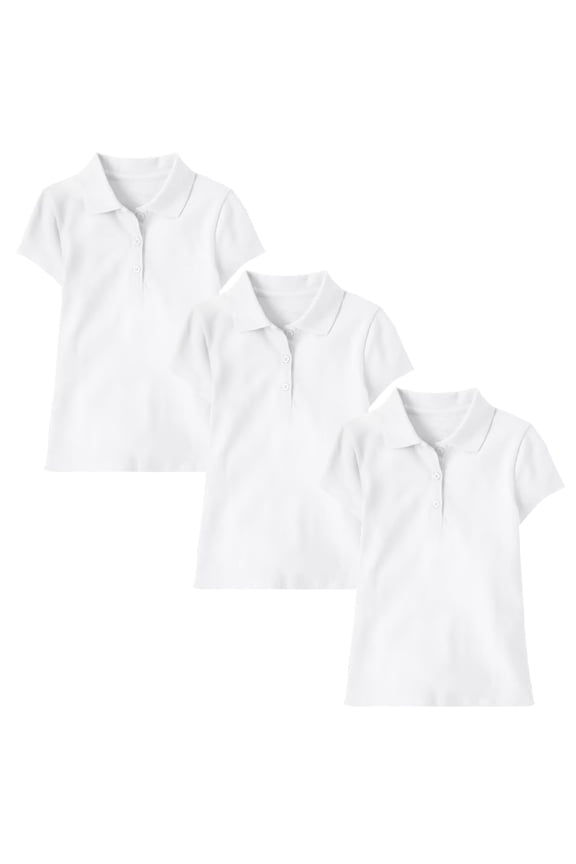 3-Pack Girl's 3-Button Short Sleeve Stretch Pique Polo Shirts School Uniform (4-20)