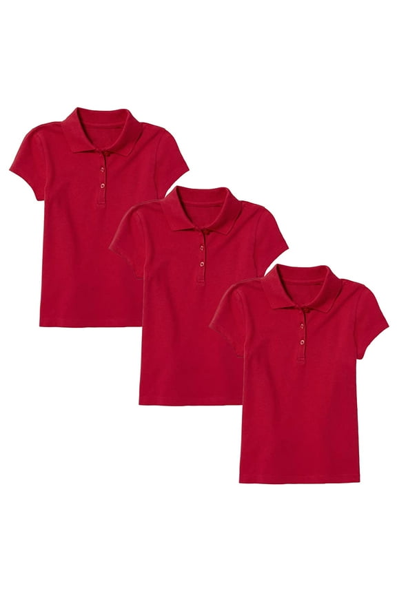 3-Pack Girl's 3-Button Short Sleeve Stretch Pique Polo Shirts School Uniform (4-20)