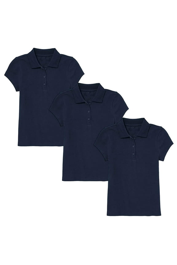 3-Pack Girl's 3-Button Short Sleeve Stretch Pique Polo Shirts School Uniform (4-20)