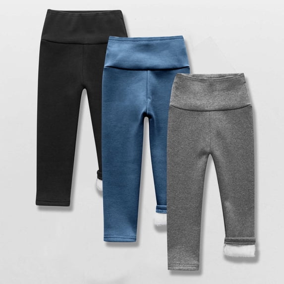 3 Pack Girl's Fleece Lined Leggings Youth High Waist Warm Winter Athletic Yoga Pants with Pocket Light Blue 5 Years