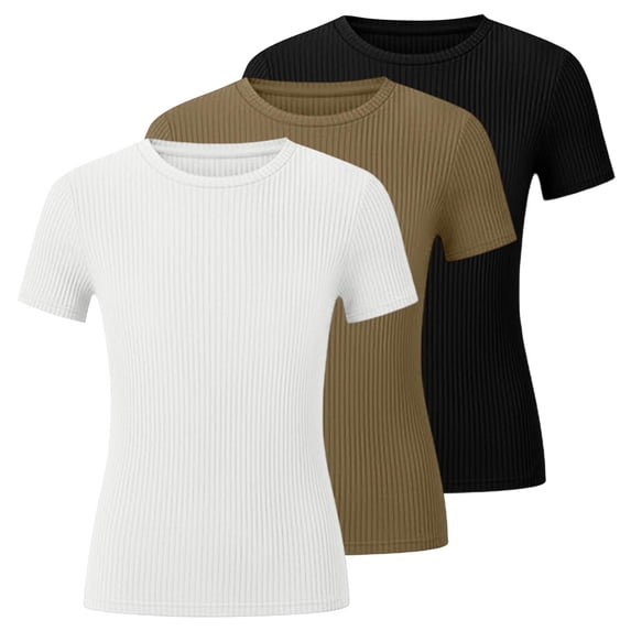 3-Pack Girls Basic Summer Ribbed T-Shirts Short Sleeve Crew Neck Tops Pullover Casual Tees for 5-16 Years