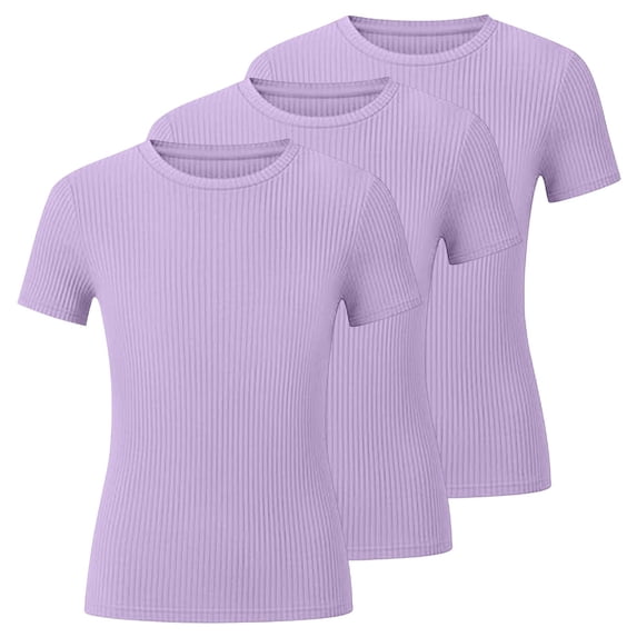 3-Pack Girls Basic Summer Ribbed T-Shirts Short Sleeve Crew Neck Tops Pullover Casual Tees for 5-16 Years