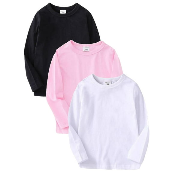 3 Pack Girls Boys Cotton Long-Sleeve T-Shirt with Round Neck Girl Boy Solid T-Shirt Kids Tees Tops 4-13 Years