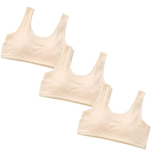 3 Pack Girls Bras Ages 8 12 Padded Sport Training Bra Racerback Seamless Design Solid Color Underwear Camisole Breathable Cotton Tops Bralettes Beige 10-14 Years