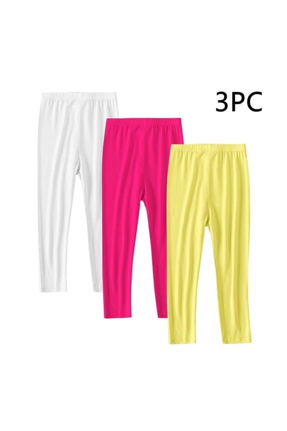 3 Pack Girls Cotton Leggings Pants Full Length Basic Leggings Stretchy Legging Footless Tight Pants Yellow 10-11 Years