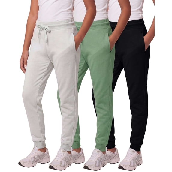 Real Essentials 3 Pack: Girls' Fleece Joggers Soft Active Performance Casual Sweatpants(Ages 5-14)