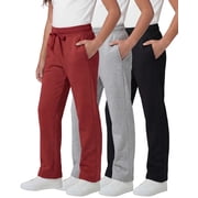 Real Essentials 3 Pack: Girls' Fleece Open Bottom Soft Athletic Performance Casual Sweatpants(Ages 7-16)