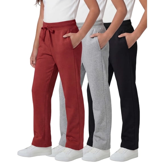 Real Essentials 3 Pack: Girls' Fleece Open Bottom Soft Athletic Performance Casual Sweatpants(Ages 7-16)