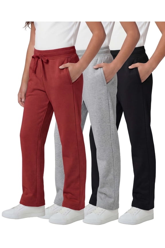 3 Pack: Girls' Fleece Open Bottom Soft Athletic Performance Casual Sweatpants(Ages 7-16)
