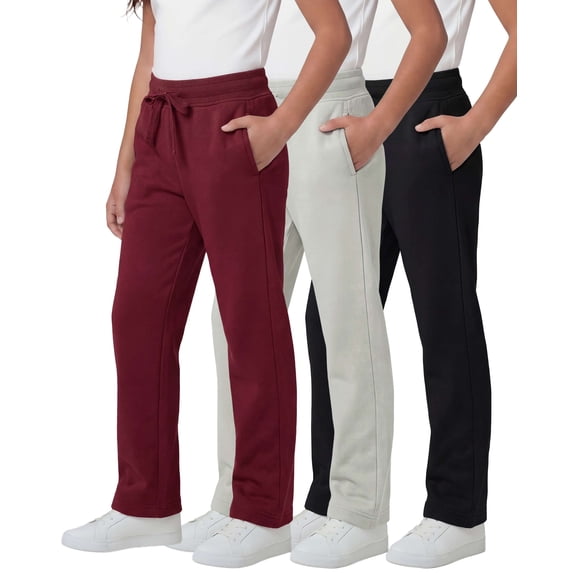 Real Essentials 3 Pack: Girls' Fleece Open Bottom Soft Athletic Performance Casual Sweatpants(Ages 7-16)