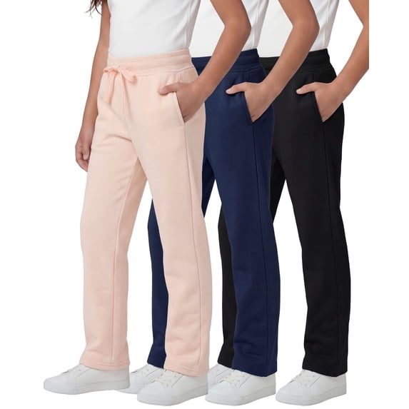 Real Essentials 3 Pack: Girls' Fleece Open Bottom Soft Athletic Performance Casual Sweatpants(Ages 7-16)