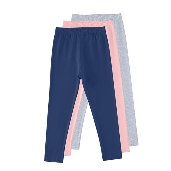 3 Pack Girls' Pull on Cotton Pants, Soft Stretchy Leggings, Full Length Footless Tights Trousers Navy 4-5Y