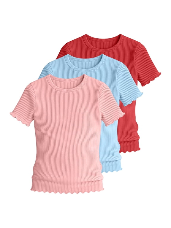 3-Pack Girls Ribbed T-Shirts Short Sleeve Crew Neck Pullover Tops Basic Casual Summer Tees for 5-16 Years