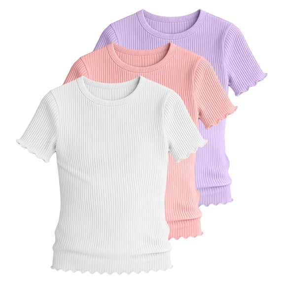 3-Pack Girls Ribbed T-Shirts Short Sleeve Crew Neck Pullover Tops Basic Casual Summer Tees for 5-16 Years