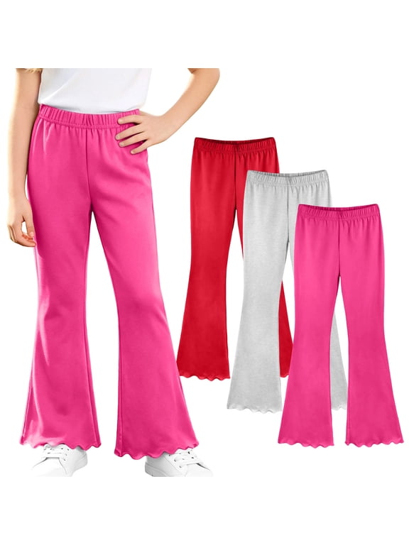 3 Pack Girls Scalloped Hem Flared Pants Kids Elastic Waist Soft Stretchy Bell Bottom Trousers Casual Cozy Base Layer Leggings 3-14Years