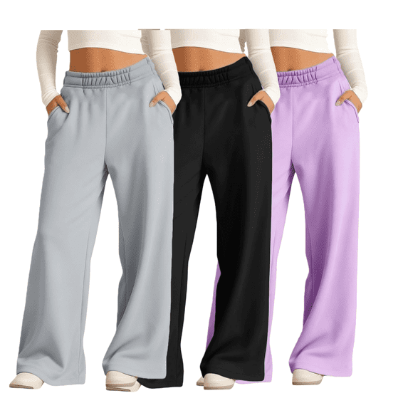 3 Pack Girls' Sweatpants Straight Wide Leg Kids Drawstring Casual Joggers Teen Loose Athletic Pants with Pockets